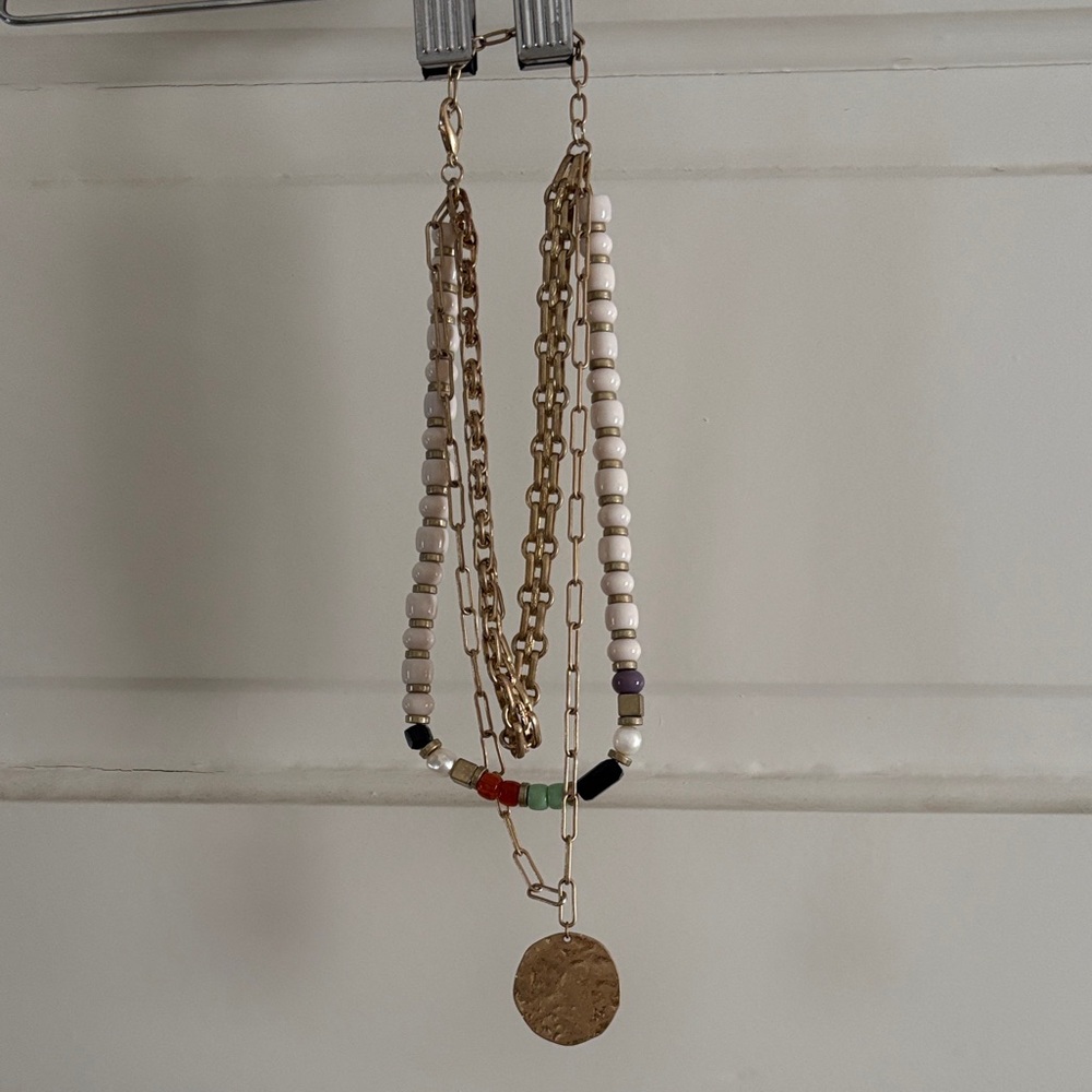 Gold Pendant Layered Bead Necklace with White and Multicolor Accents